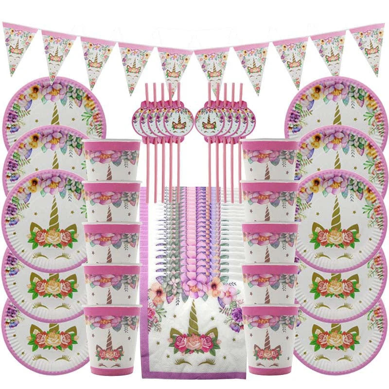Girl Birthday Party Pink Unicorn Paper Plate Cup Napkin Disposable Tableware Set