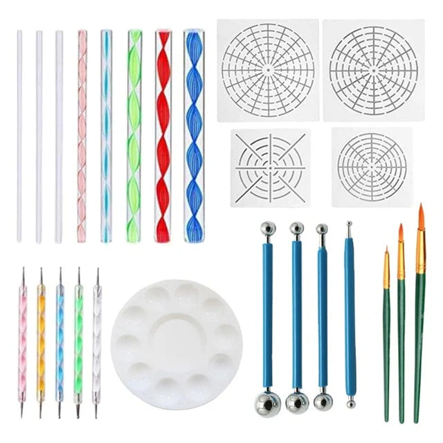 25pcs Mandala Dotting Tools Set - Dotting Pens, Brush, Acrylic Rods With White Pencil Carrying Bag For Painting Rocks Drawing Drafting