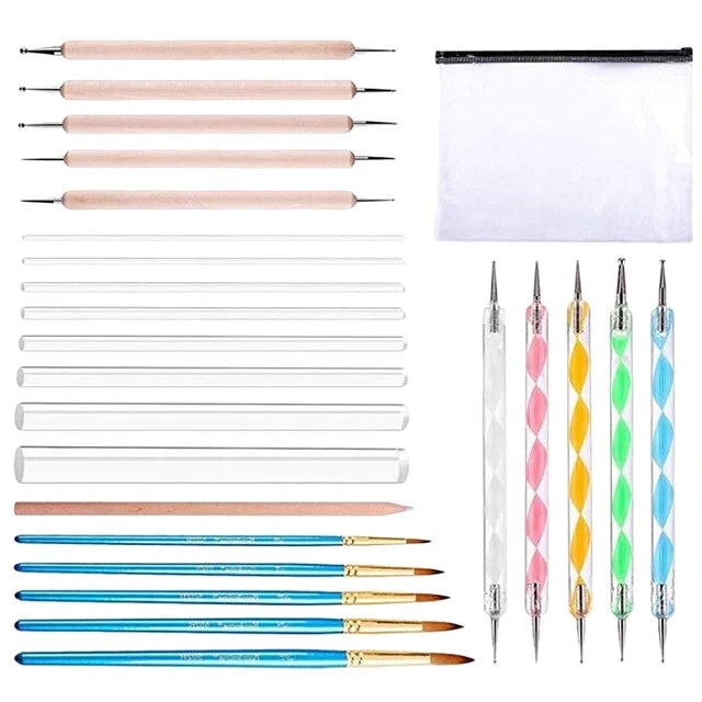25pcs Mandala Dotting Tools Set - Dotting Pens, Brush, Acrylic Rods With White Pencil Carrying Bag For Painting Rocks Drawing Drafting