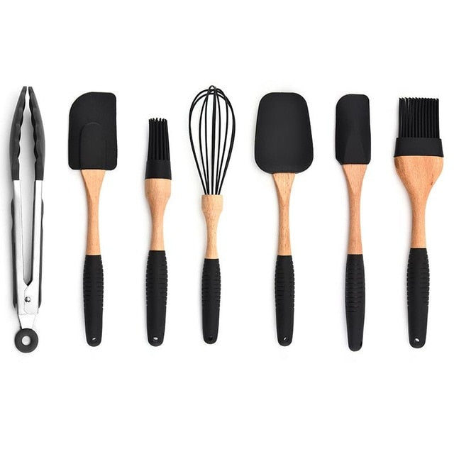Silicone Wood Turner Soup - Spoon Spatula Brush, Scraper Pasta Gloves, Egg Beater Kitchen Cooking Tool