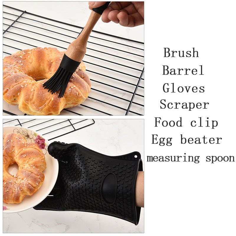 Silicone Wood Turner Soup - Spoon Spatula Brush, Scraper Pasta Gloves, Egg Beater Kitchen Cooking Tool