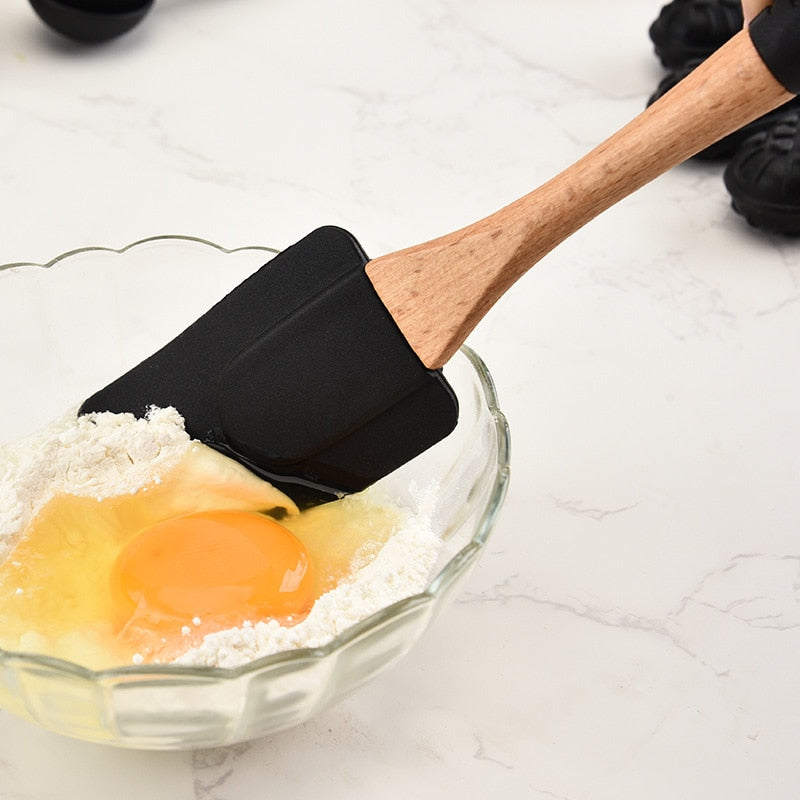 Silicone Wood Turner Soup - Spoon Spatula Brush, Scraper Pasta Gloves, Egg Beater Kitchen Cooking Tool