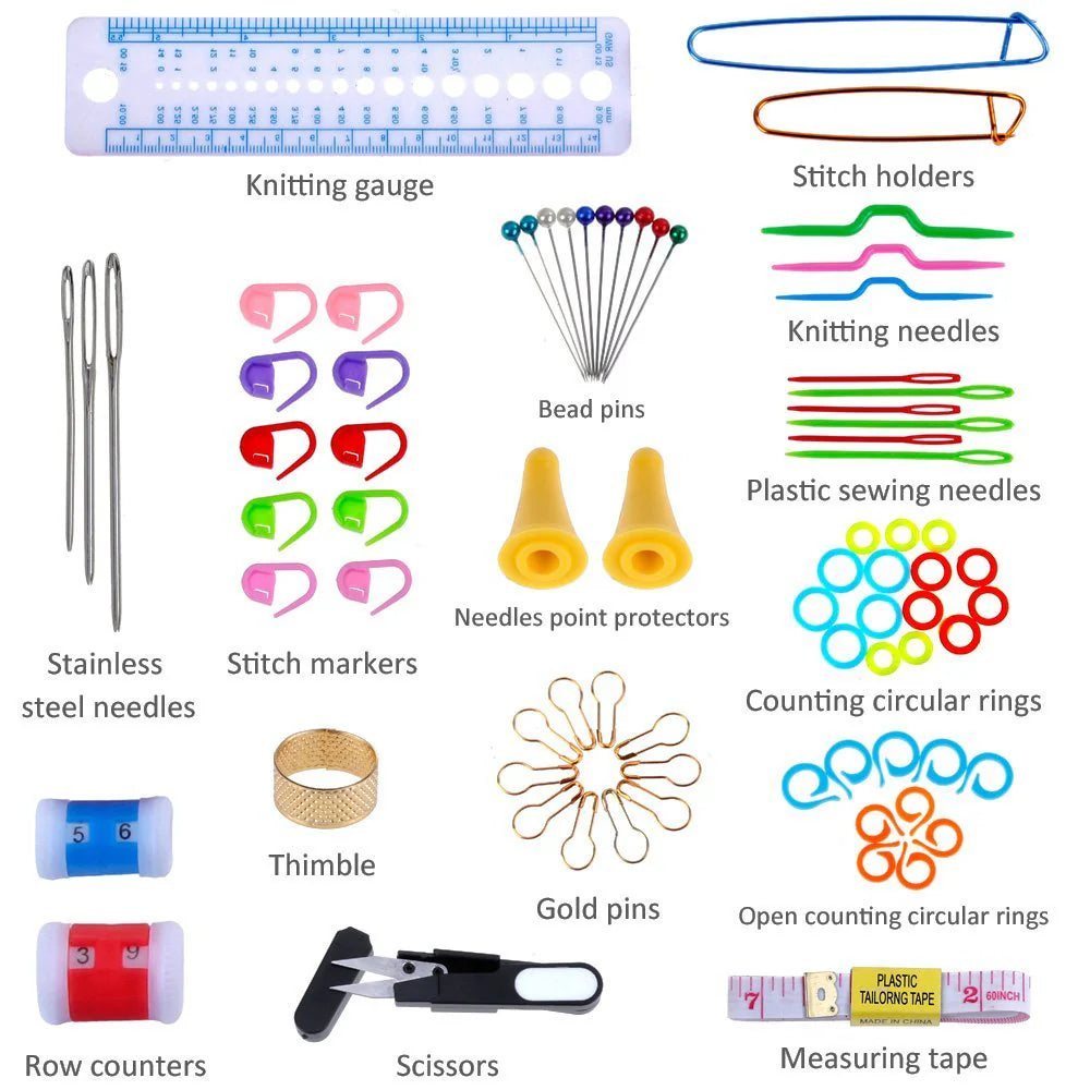 Knitting Needles Set- Crochet Hooks, Weave Sewing, Gauge Scissors, Stitch Holders Tools