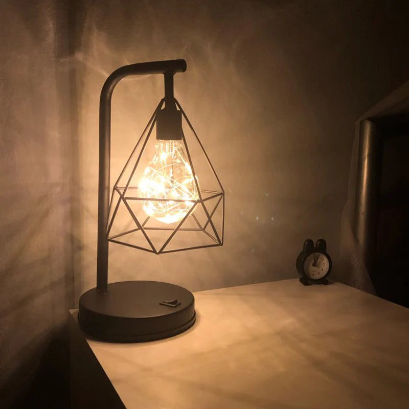 Retro Iron Art Table Lamp, Battery Hollow Diamond Shape Reading Light