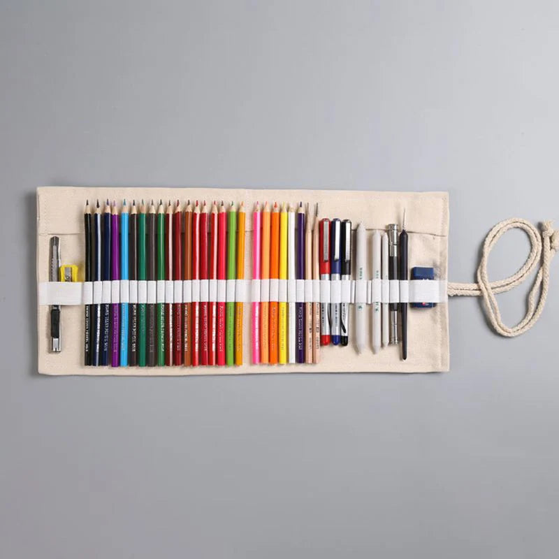 Holes Canvas Roll Up Pen Curtain Pencil Bag Case