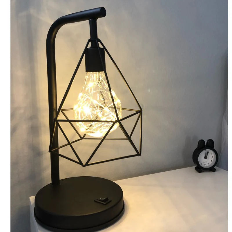 Retro Iron Art Table Lamp, Battery Hollow Diamond Shape Reading Light