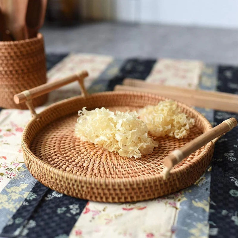 Fruit Round Rattan Storage Tray With Handle