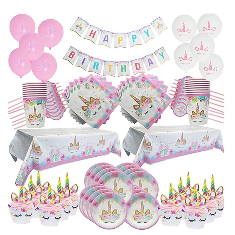 Girl Birthday Party Pink Unicorn Paper Plate Cup Napkin Disposable Tableware Set