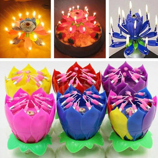 Lotus music candle Party Cake Topper Musical Lotus Flower Rotating Happy Birthday Candle