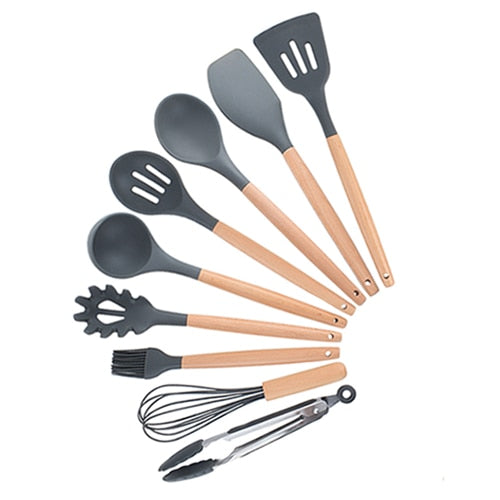 Silicone Cooking Utensils Set- Spatula Shovel, Wooden Handle Cooking Tools