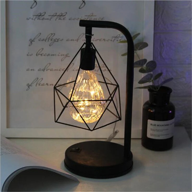 Retro Iron Art Table Lamp, Battery Hollow Diamond Shape Reading Light