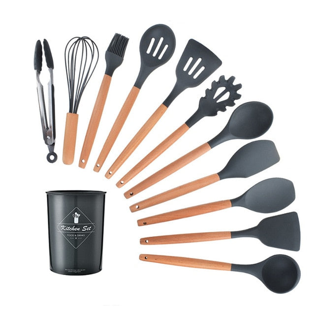 Silicone Cooking Utensils Set- Spatula Shovel, Wooden Handle Cooking Tools