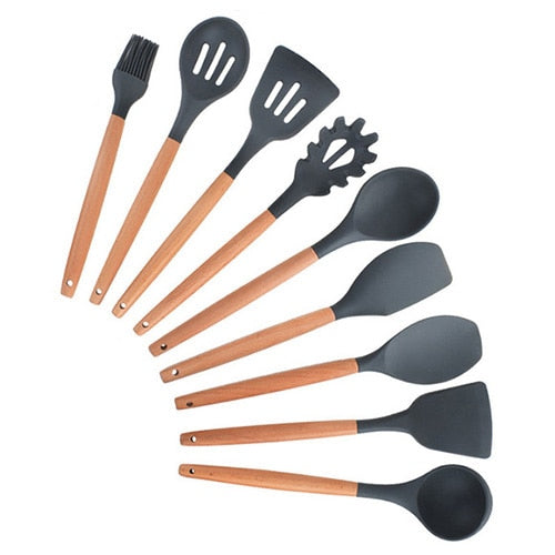 Silicone Cooking Utensils Set- Spatula Shovel, Wooden Handle Cooking Tools