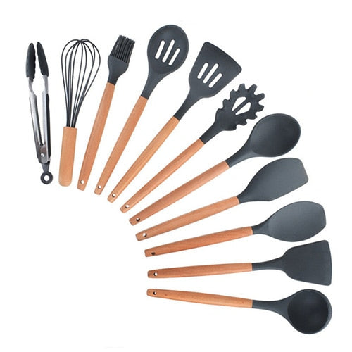 Silicone Cooking Utensils Set- Spatula Shovel, Wooden Handle Cooking Tools