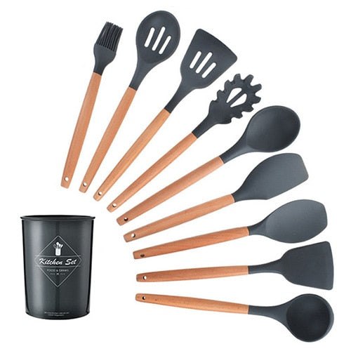 Silicone Cooking Utensils Set- Spatula Shovel, Wooden Handle Cooking Tools