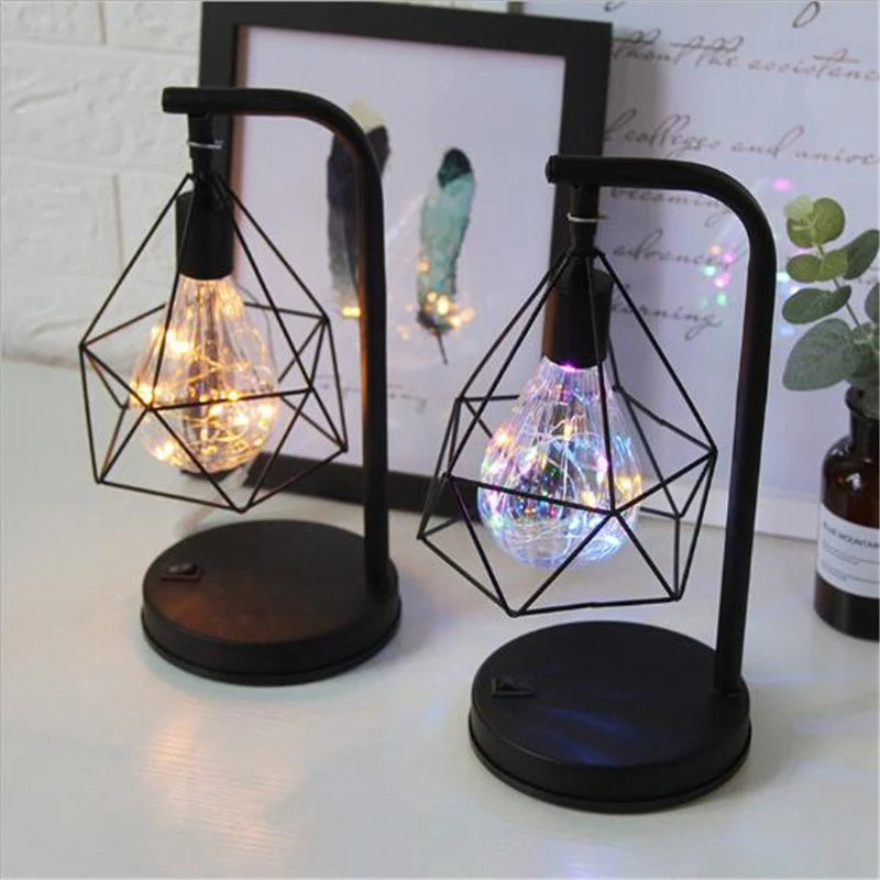 Retro Iron Art Table Lamp, Battery Hollow Diamond Shape Reading Light