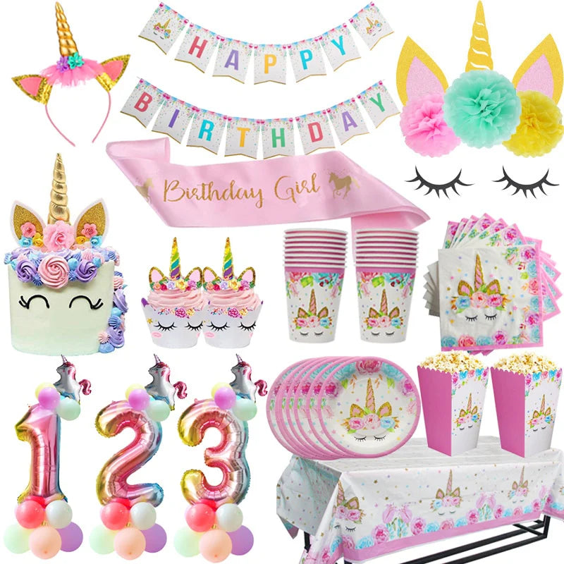 Girl Birthday Party Pink Unicorn Paper Plate Cup Napkin Disposable Tableware Set