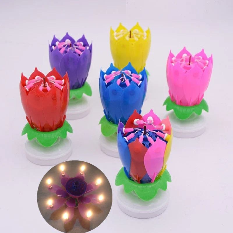 Lotus music candle Party Cake Topper Musical Lotus Flower Rotating Happy Birthday Candle