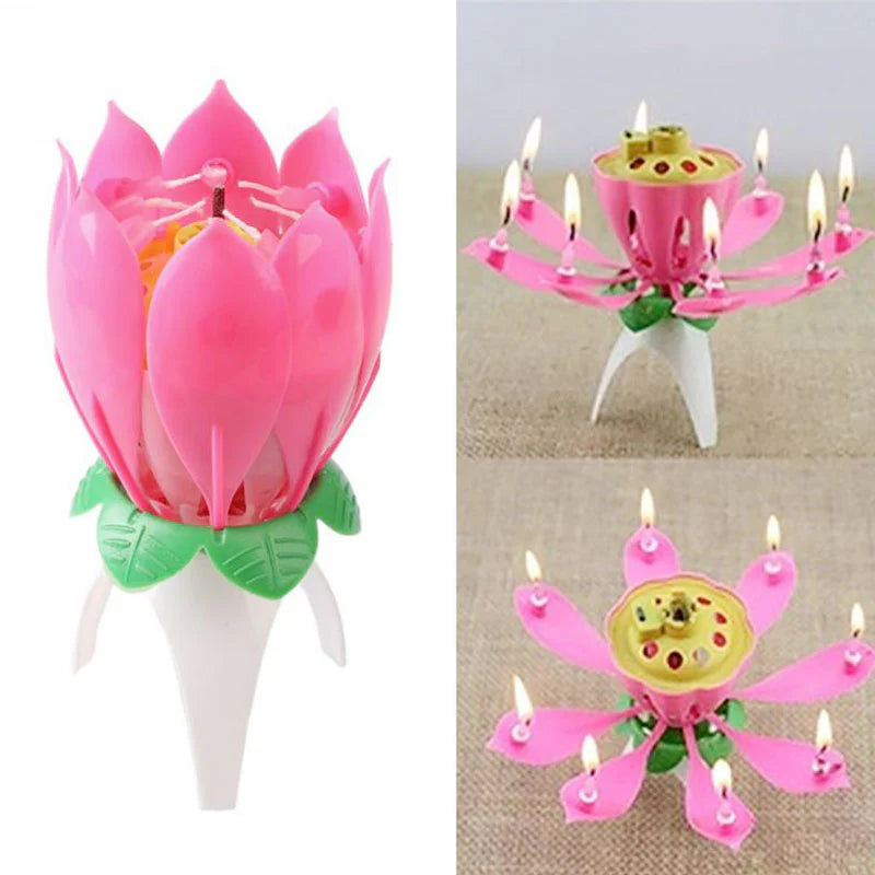 Lotus music candle Party Cake Topper Musical Lotus Flower Rotating Happy Birthday Candle