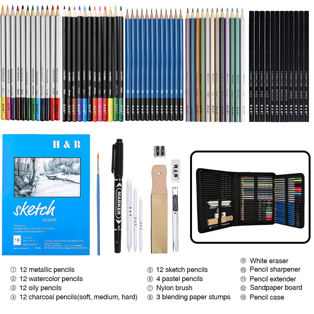 Drawing Pencils Set, Sketch Watercolor Metallic Oily Complete Beginner Kit