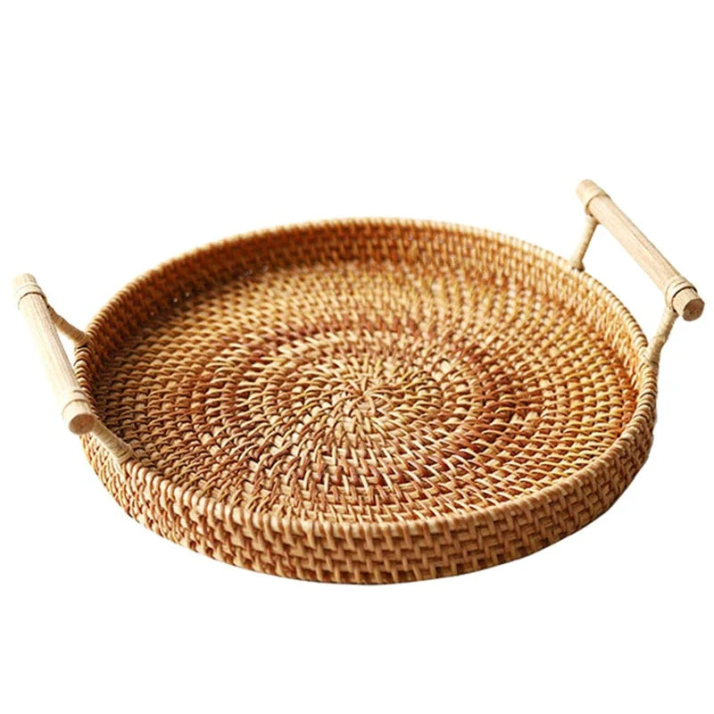 Fruit Round Rattan Storage Tray With Handle