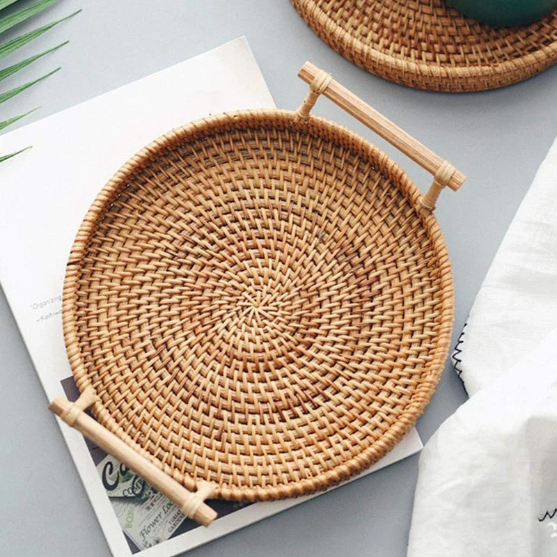 Fruit Round Rattan Storage Tray With Handle