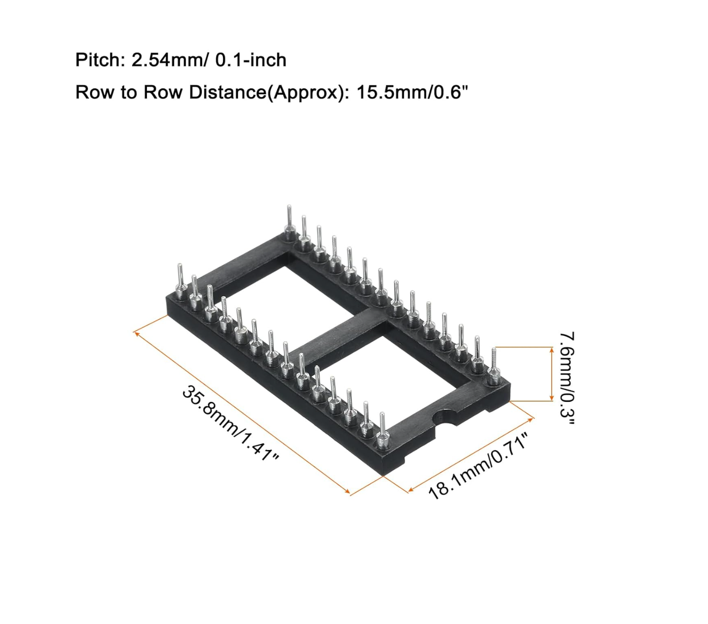 DIP IC Chip Socket Adapter Round Pin 28P 2.54mm Pitch IC Socket for PCB Board Chip, 15.5mm Black