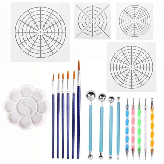 25pcs Mandala Dotting Tools Set - Dotting Pens, Brush, Acrylic Rods With White Pencil Carrying Bag For Painting Rocks Drawing Drafting