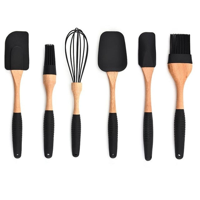 Silicone Wood Turner Soup - Spoon Spatula Brush, Scraper Pasta Gloves, Egg Beater Kitchen Cooking Tool