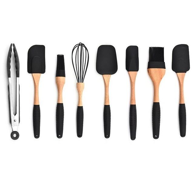 Silicone Wood Turner Soup - Spoon Spatula Brush, Scraper Pasta Gloves, Egg Beater Kitchen Cooking Tool