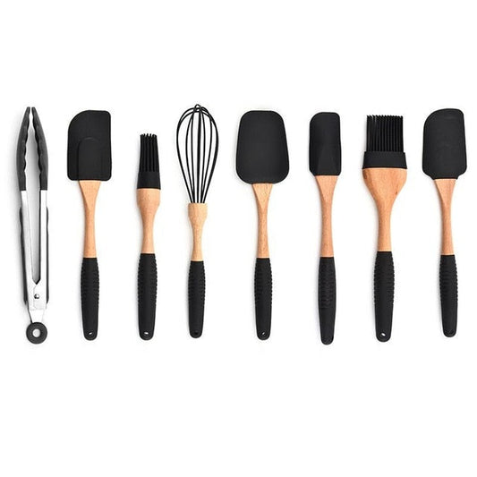 Silicone Wood Turner Soup - Spoon Spatula Brush, Scraper Pasta Gloves, Egg Beater Kitchen Cooking Tool